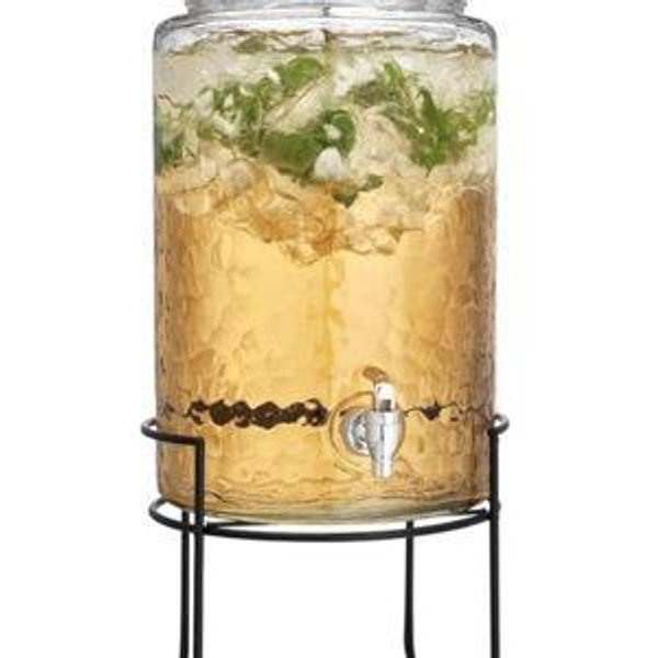 HC Classic Hammered Glass Ice Cold Beverage Drink Dispenser - 3 Gallon, With Glass Lid and Antique Metal Stand, 100% Leak Proof Spigot- Wide Mouth Easy Filling For Outdoor, Parties & Daily Use