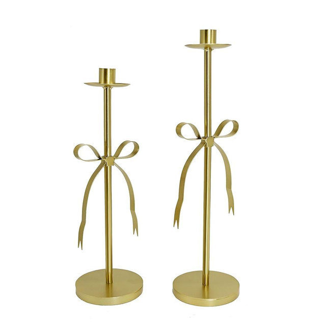 Remenna Bow Taper Candle Holders, Set of 2 Candle Stick Holders Set, Modern Decorative Centerpiece for Table Mantel Wedding Housewarming Gift (Gold)