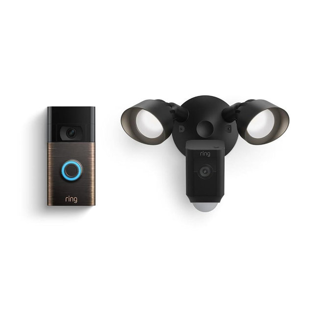 Ring Floodlight Cam Wired Plus, Black with Ring Video Doorbell, Venetian Bronze