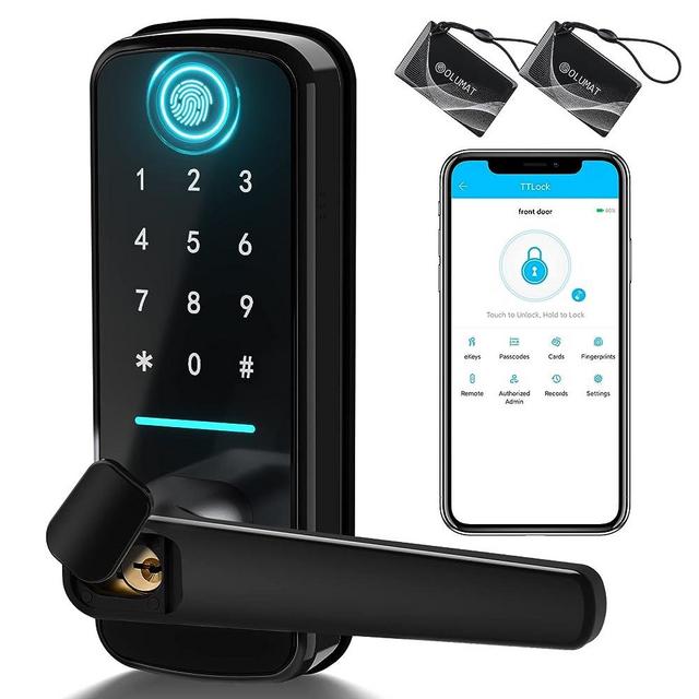 Smart Door Lock, OLUMAT Keyless Entry Door Lock Fingerprint Door Lock with Keypad Digital Door Lock with Handle for Home, Rental, Office and Hotel (Black)