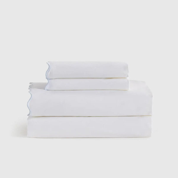 Wave Scallop Organic Percale Sheet Set in White/Mineral