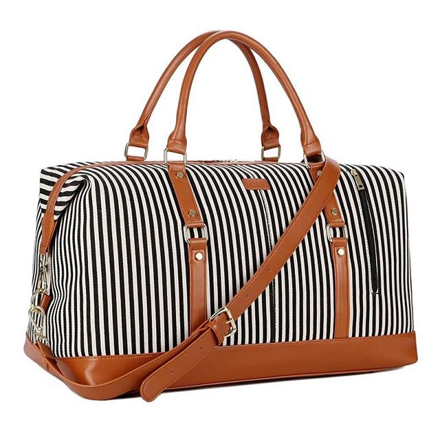 BAOSHA HB-14 Canvas Travel Tote Duffel Bag Carry on Weekender Overnight Bag Oversized for Women and Ladies (Black Strips)