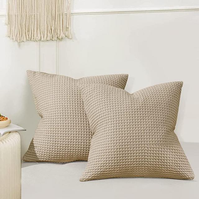 PHF 100% Cotton Waffle Weave Throw Pillow Cover, 22" x 22", No Insert, 2 Pack Square Pillowcases Shell, Elegant Home Decorative Throw Pillow Covers for Bed Couch Sofa, Khaki