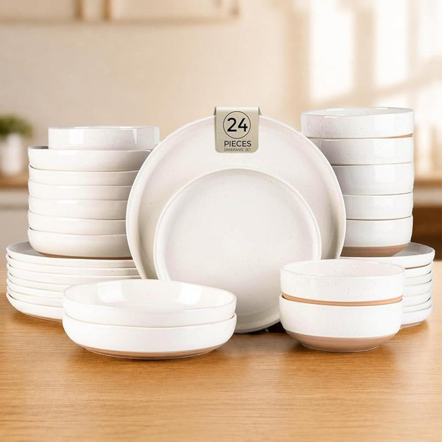 GBHOME 24-Piece Ceramic Dinnerware Set for 6, Handpainted Plates, Pasta Bowls & Bowls Set with Rustic Terracotta Underside, Scratch-Resistant, Dishwasher & Microwave Safe,Speckled Glaze Beige
