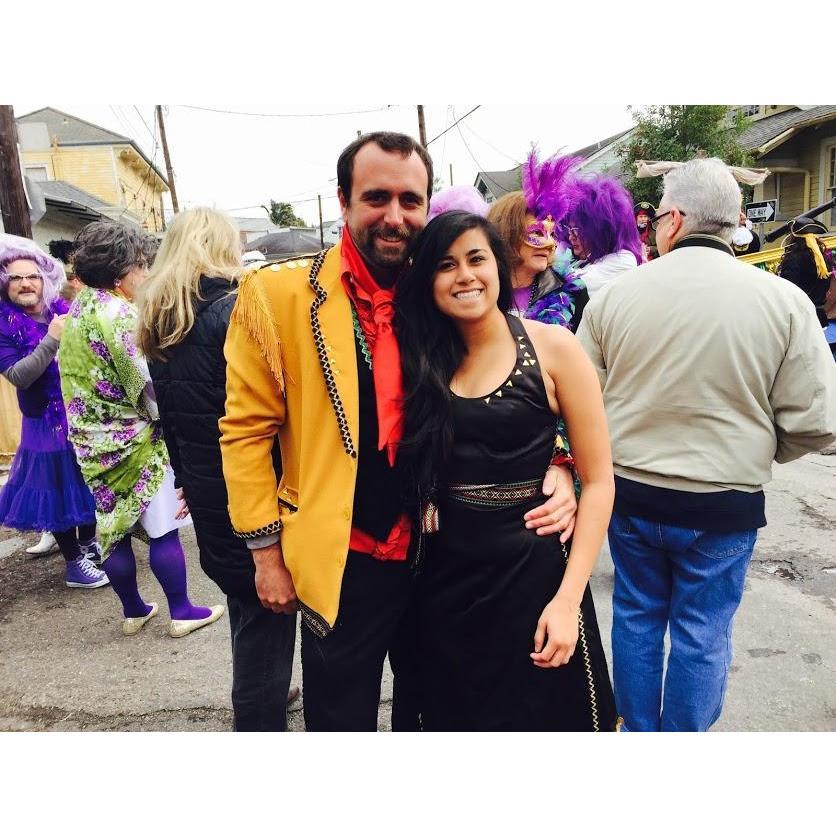 Our first Mardi Gras morning in the Marigny. Kyle still has that jacket for Saints games! Carnival, 2015.