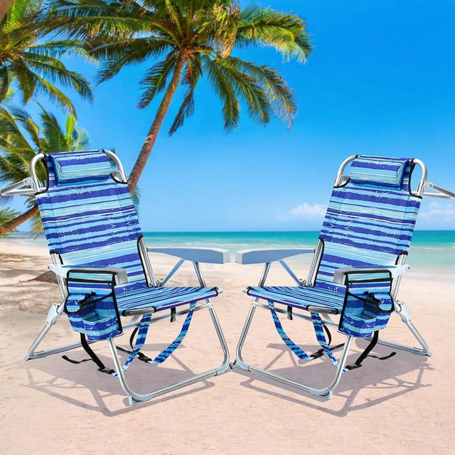 GVDV Backpack Beach Chairs for Adults 2 Pack, Portable Lay Flat Folding Chair with Cup Holder and Towel Bars, 4-Position Adjustable Reclining Chair for Beach, Camp, Outdoor, Blue Ocean