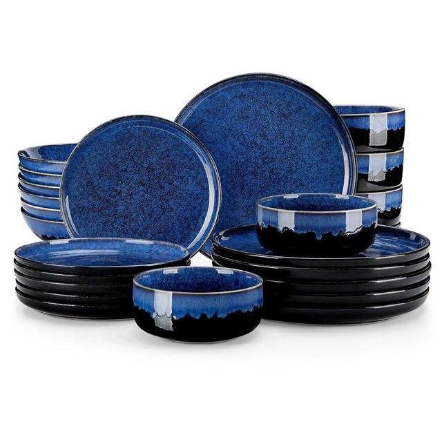 vancasso Starry Plates and Bowls Sets for 6, 24 Pieces Dinnerware Sets, Blue Reactive Glaze Dishes Sets for Kitchen, Scratch Resistant Stoneware Dishes Set, Dishwasher and Microwave Safe