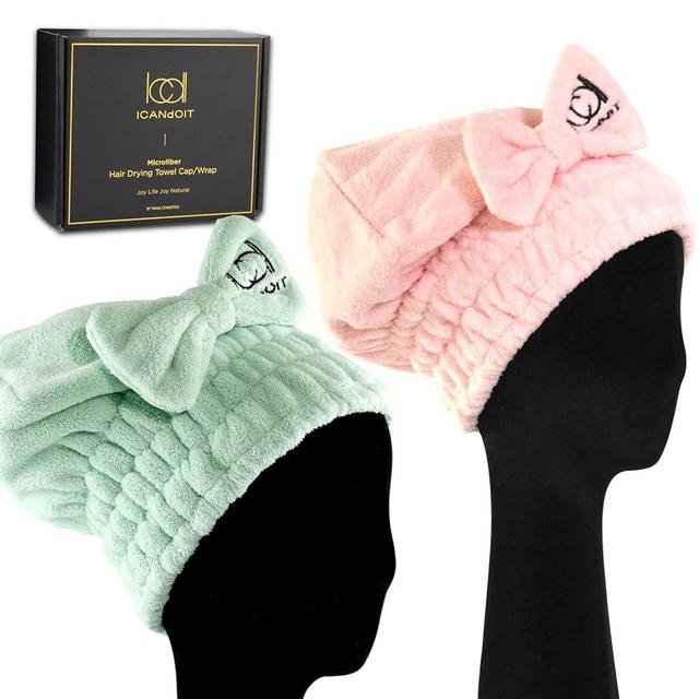 ICANdOIT-2PCS Microfiber Hair Drying Caps for All Hair Style, Extre Soft & Ultra Absorbent, Quick Drying Hair Turban Wrap Towels-Shower Cap for Girls and Women (Light Pink+Watergreen)