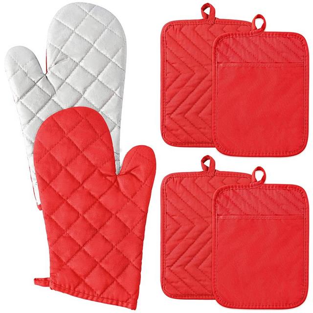 GROBRO7 6Pcs Cotton Oven Mitts and Pot Holders Set Heat Resistant Hot Pads Machine Durable Pocket Pot Holder Washable BBQ Gloves with Hanging Loop for Safe Kitchen Baking Cooking Grilling Red