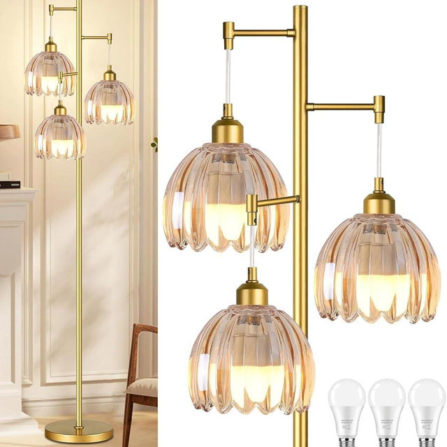 ZECOXOL Gold Floor Lamps for Living Room Bedroom-3 Light Glass Floor Lamp with Three Led Bulb, Rustic Tall Floor Lamp Gold Standing Lamp Tree Floor Lamps for Living Room Bedroom,Office,Corner