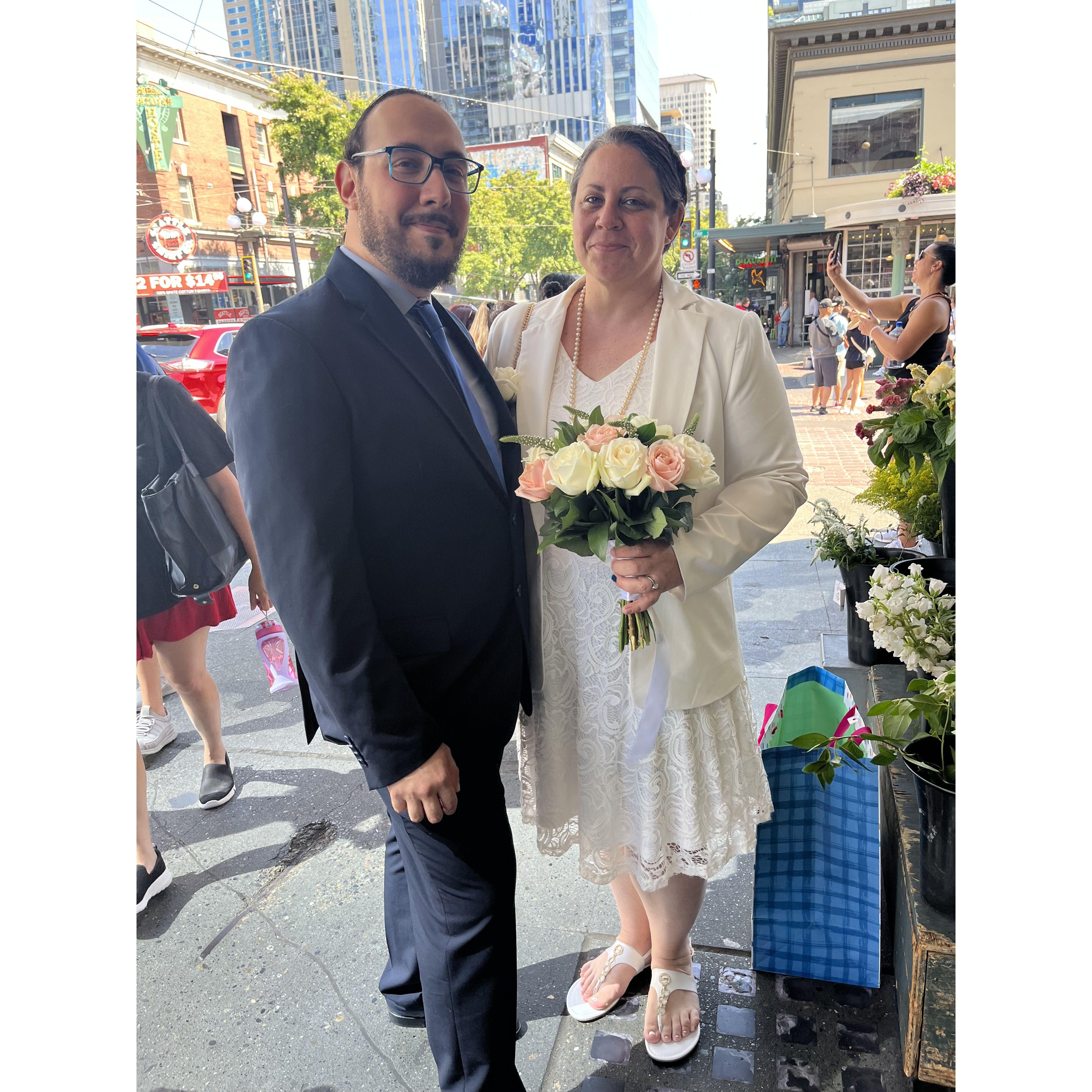 We got married at the Seattle Courthouse on 7/27/23 with a small group of 4 family and friends.
