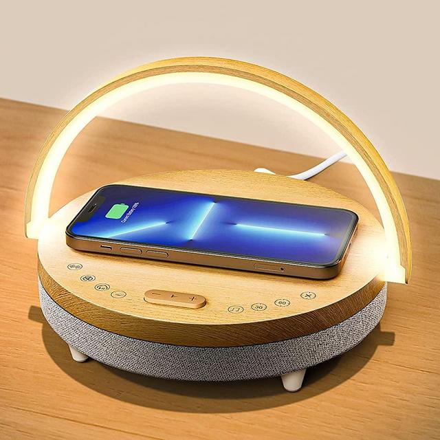 Vivilumens Bedside Lamp with Wireless Charger, LED Night Light with Bluetooth Speaker White Noise Sound Machine, Phone Holder 5 in 1 Dimmable Small Table Lamp, Touch Lights for Home Nightstand