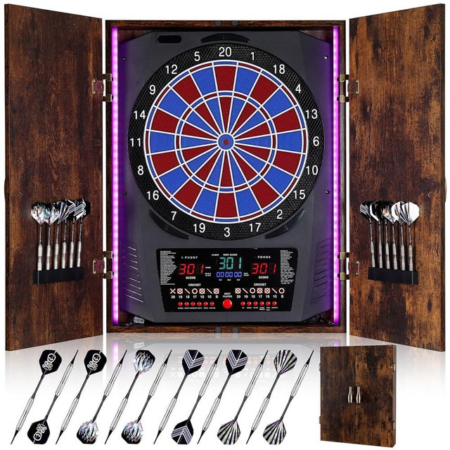 Yirinatek Electronic Dart Board, Electric Dartboard for Adults [12*Bronze Soft Tip Darts] 8-Color LED for 8 Players-Rustic Dart Board Cabinet for Home & Bar