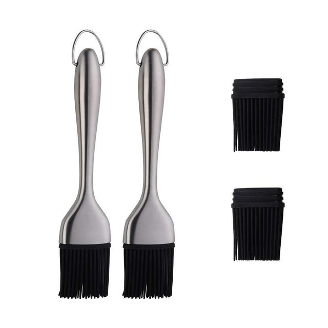 2 Pack Grill Basting Brush with 2 Pack Back Up Silicone Brush Heads, No Shed Bristles Stainless Steel Handles Heatproof Rust Resistant, Pastry Brushes for Kitchen Cooking BBQ, Dishwasher Safe Silver