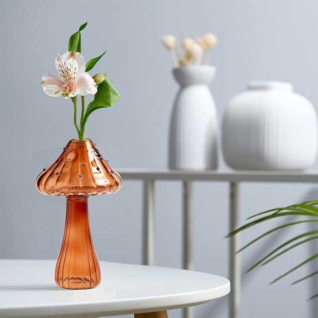 NNXHWY Clear Mushroom Flower Vase,Glass Hydroponic Plant Vases, Nordic Style Mushroom Glass Bud Vases Mushroom Flower Vases for Home Office Living Room Decor(Brown)
