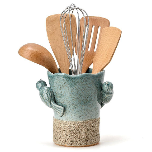 6.38“H Utensil Holder for Kitchen Counter, Modern Farmhouse Cooking Utensil Holder and Crock Home Kitchen Decor, Ceramic Utensil Organizer for Spatula, Ladle, Eggbeater, Rolling Pin- Blue and Brown