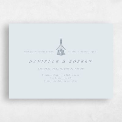 Blue Wedding Invitation - Rustic Church Landscape
