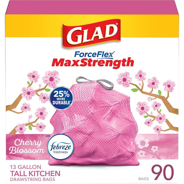 Glad ForceFlex MaxStrength Tall Kitchen Drawstring Trash Bags, 13 Gallon, Cherry Blossom with Febreze Freshness, 90 Count