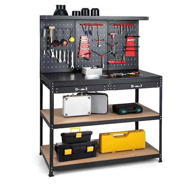Goplus Work Bench with Pegboard, 48”x24” Work Table with Drawers, 965LBS Capacity, Pegboard, 25 Hanging Accessories, Metal Tool Bench, Heavy Duty Workbench for Garage, Workshop