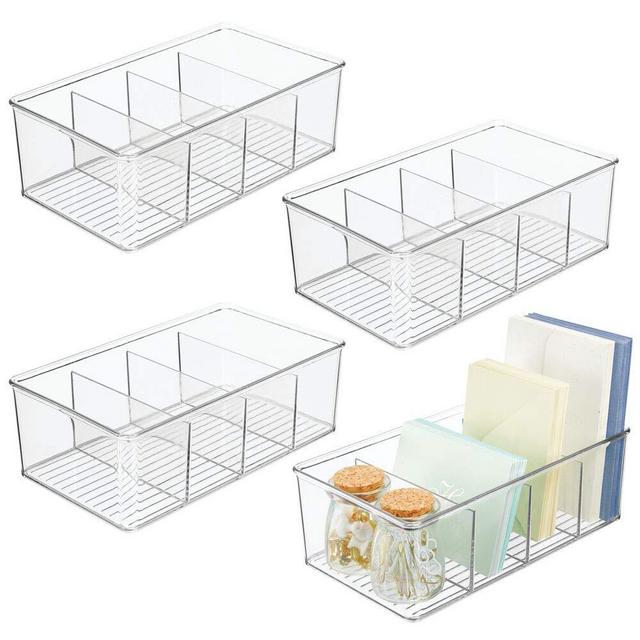 mDesign Plastic Office Storage Organizer Bin Box - 4 Divided Sections - Cabinets, Closets, Drawers, Desks, Tables, Workspace, 4 Pack - Clear