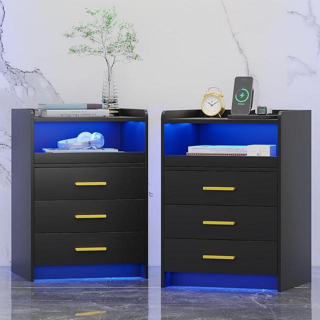 FREDEES Nightstand Set of 2 with Wireless Charging Station Bedside Table with RGB Light & Human Sensor Design 3 Drawers LED Modern Night Stand End Table for Bedroom Livingroom Office- Black
