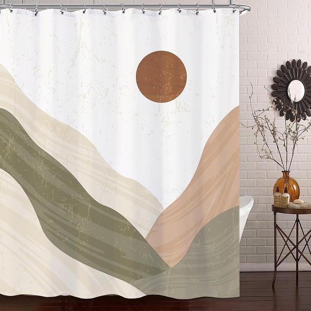 Laifzere Mountain Boho Shower Curtain Mid Century Sun Modern Minimalist Abstract Shower Curtain for Bathroom Set Sunset Neutral Green Beige Rustic Waterproof Shower Curtain for Bathtub 60x72 Inch