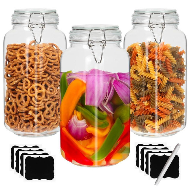 EkkoVla 78oz Glass Jars with Airtight Lids, Set of 3 Large Food Storage Containers, Square Glass Canisters for Pasta, Coffee, Candy, Flour, Cereal, Dog Treats, Snacks