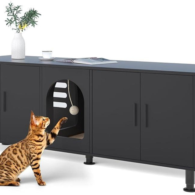 Amunrbrek Litter Box Enclosure for 2 Cats, Cat Litter Box Enclosure Furniture with Double Room, Wooden Litter Box Furniture with Cat Door, Black with Legs