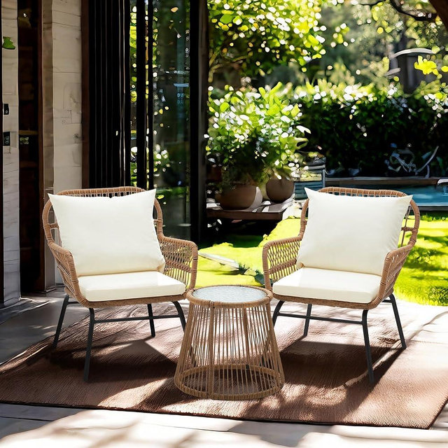 Bezseller 3-Piece Outdoor Patio Furniture Set - Modern Boho Furniture 20" Wide Seating w/ 2" Thick Cushions, 14.2" Seat Height - for Gardens, Balcony & Apartments