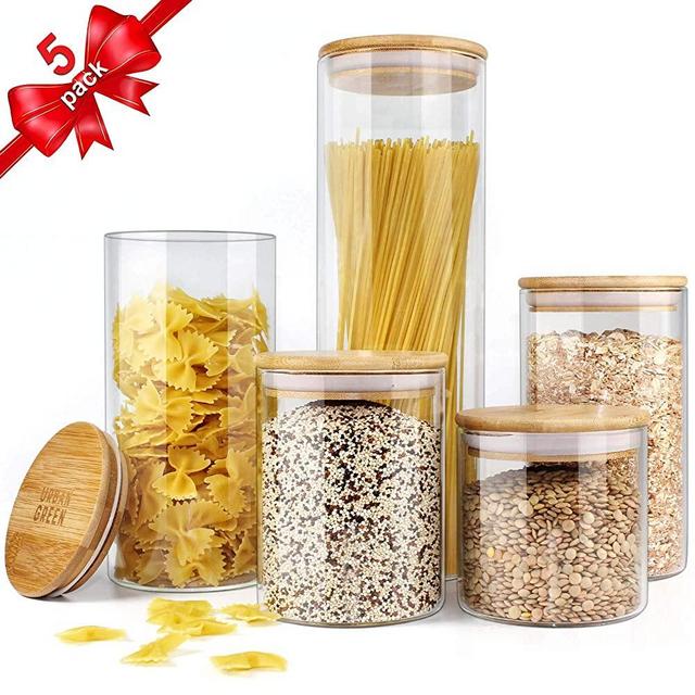 Glass Jar with Bamboo Lids Urban Green, Glass Airtight food Storage Containers, Glass Canister set, Spice Jar, Glass storage containers with lids, Pantry Organization and Storage set of 5