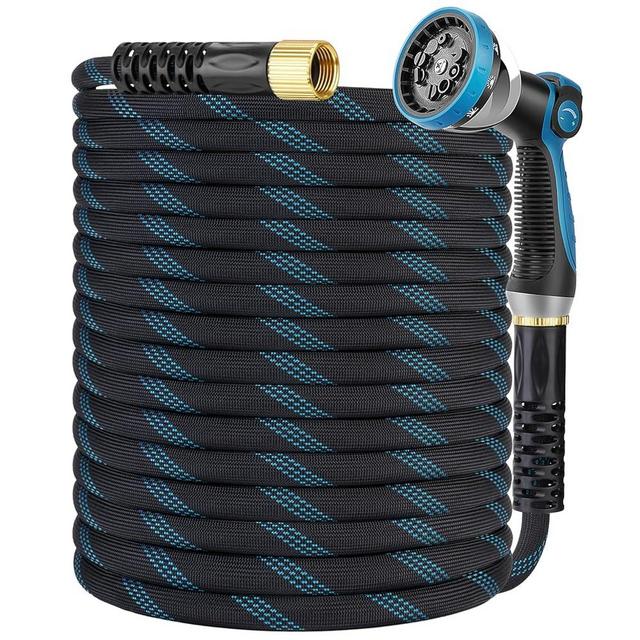 KETTOYA 50FT Garden Hose, Non-Expandable Flexible Water Hose with 10-Pattern Spray Nozzle, Lightweight Hose Pipe, Kink-Resistant, Leak-Proof, Extended Protector & 3/4" Solid Brass Alloy, Super Fabric