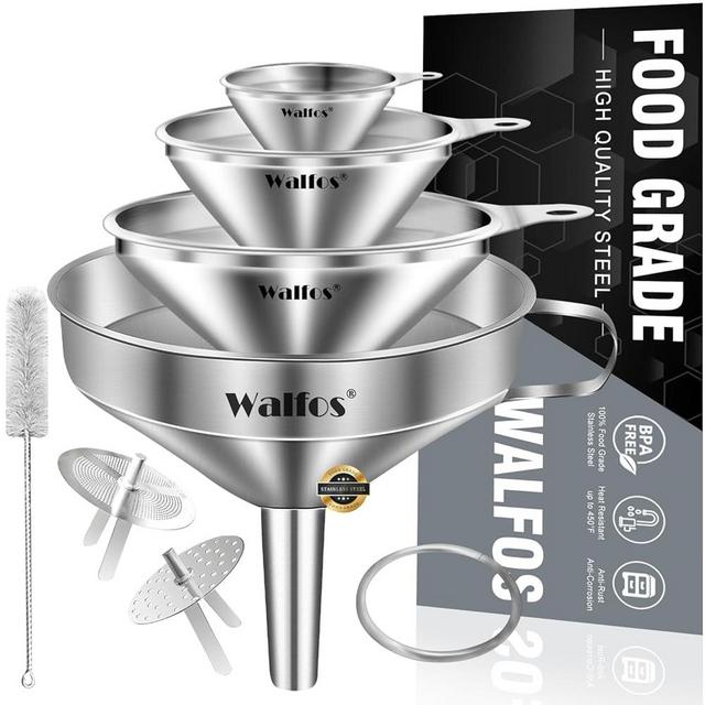 Stainless Steel Funnel, Walfos 4 Pack(4in、3 in、2.2 in、1.7in）Kitchen Funnel with 2 Removable Strainer ＆ 1Pcs Cleaning Brush, Perfect for Transferring of Liquid, Oils, Jam, Dry Ingredients & Powder