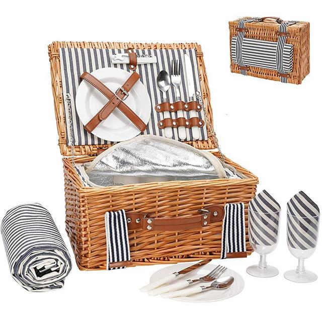 Wicker Picnic Basket Set for 2 Persons with Blanket,Handmade Willow Picnic Basket with Insulated Cooler & Cutlery Kit, Gift Basket for Couples,Valentine Day,Birthday, Wedding, Outdoor Party