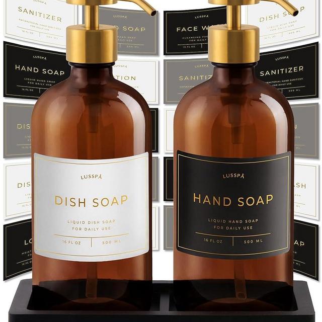 Lusspa Lotion, Hand & Dish Soap Dispenser for Kitchen Sink - Bathroom Soap Dispenser Set of 2 16.8 Oz Glass Bottles with Stainless Steel Pump, 15 Water Proof Labels & Silicon Tray (Amber/Gold)