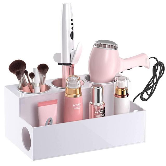HIIMIEI Hair Tool Organizer White Acrylic Hair Dryer Holder Countertop Blow Dryer Stand Storage for Vanity Bathroom with 3 Cups