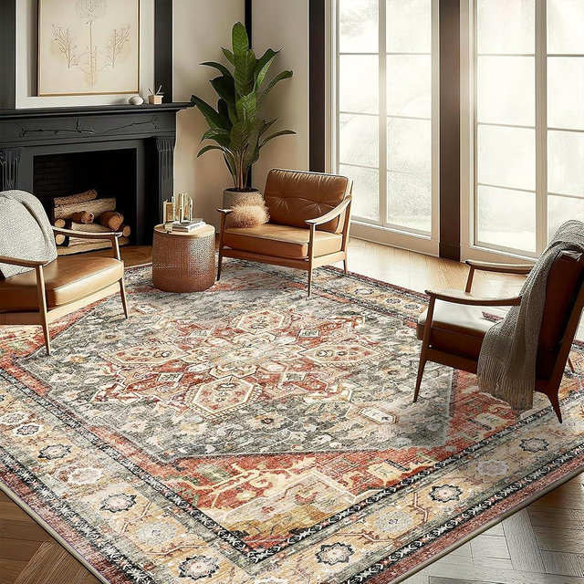 CHAMPLANT Washable Area Rug 10'x14' Red Khaki Retro Flowers Boho Design Non-Shedding Easy Care Ideal for High Traffic Areas in Living Room Bedroom Office Coffee Table Kitchen Large Carpet