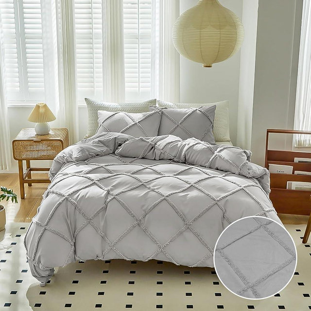 MetersGod Tufted Boho Duvet Cover King Size, Grey Microfiber Bedding Set for All Seasons, 3 Pieces Soft Shabby Chic Embroidery Boho Bedding Duvet Cover with Zipper Quilt Cover (104"x 90")