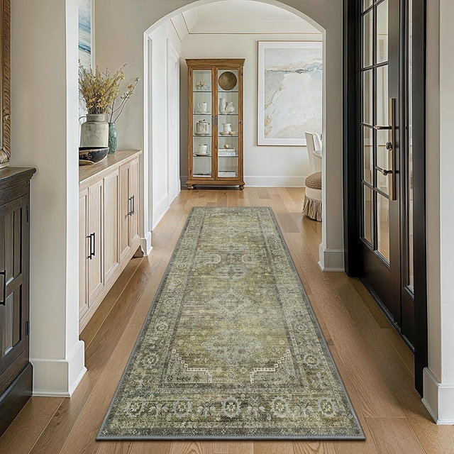 GENIMO Runner Rug 2x10 Non Slip Machine Washable Vintage Hallway Runner Rugs, Low Pile Lightweight Mat for Living Room, Entryway, Bedroom, Kitchen and Corridor, Distressed Sage