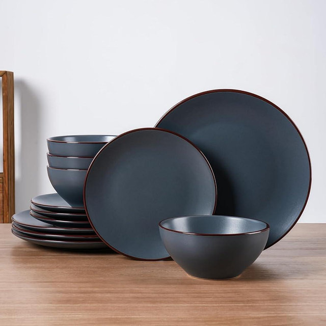 Famiware Venus Plates and Bowls Sets, 12 Pieces Stoneware Dinnerware Sets, Dishes Set for 4, Microwave and Dishwasher Safe, Charcoal