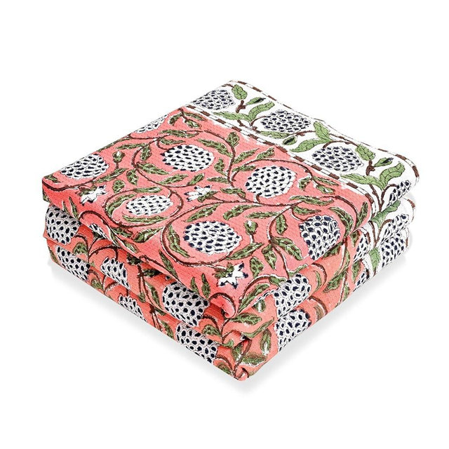 Ridhi Dark Salmon Pink Hand Block Print Waffle Kitchen Towel Set of 3-16 x28 Ultra Absorbent Quick Dry 100% Cotton Dish Towels Lightweight Reusable Sustainable Tea Towels for Cleaning and Drying