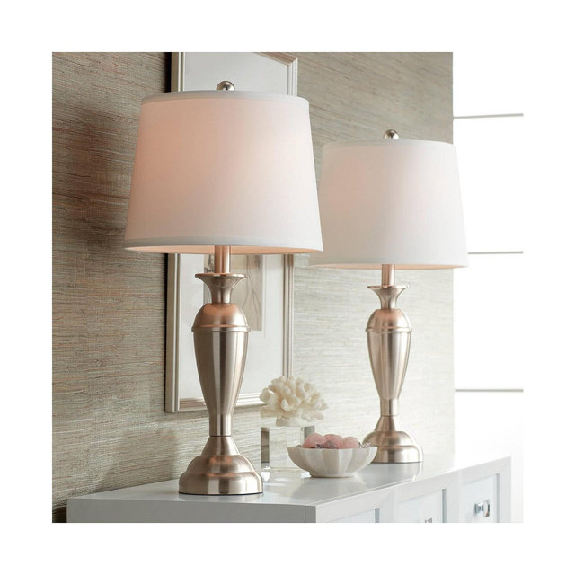 Regency Hill Blair Traditional Table Lamps 25" High Set of 2 Brushed Nickel White Drum Shade for Bedroom Living Room Bedside Nightstand Office Family