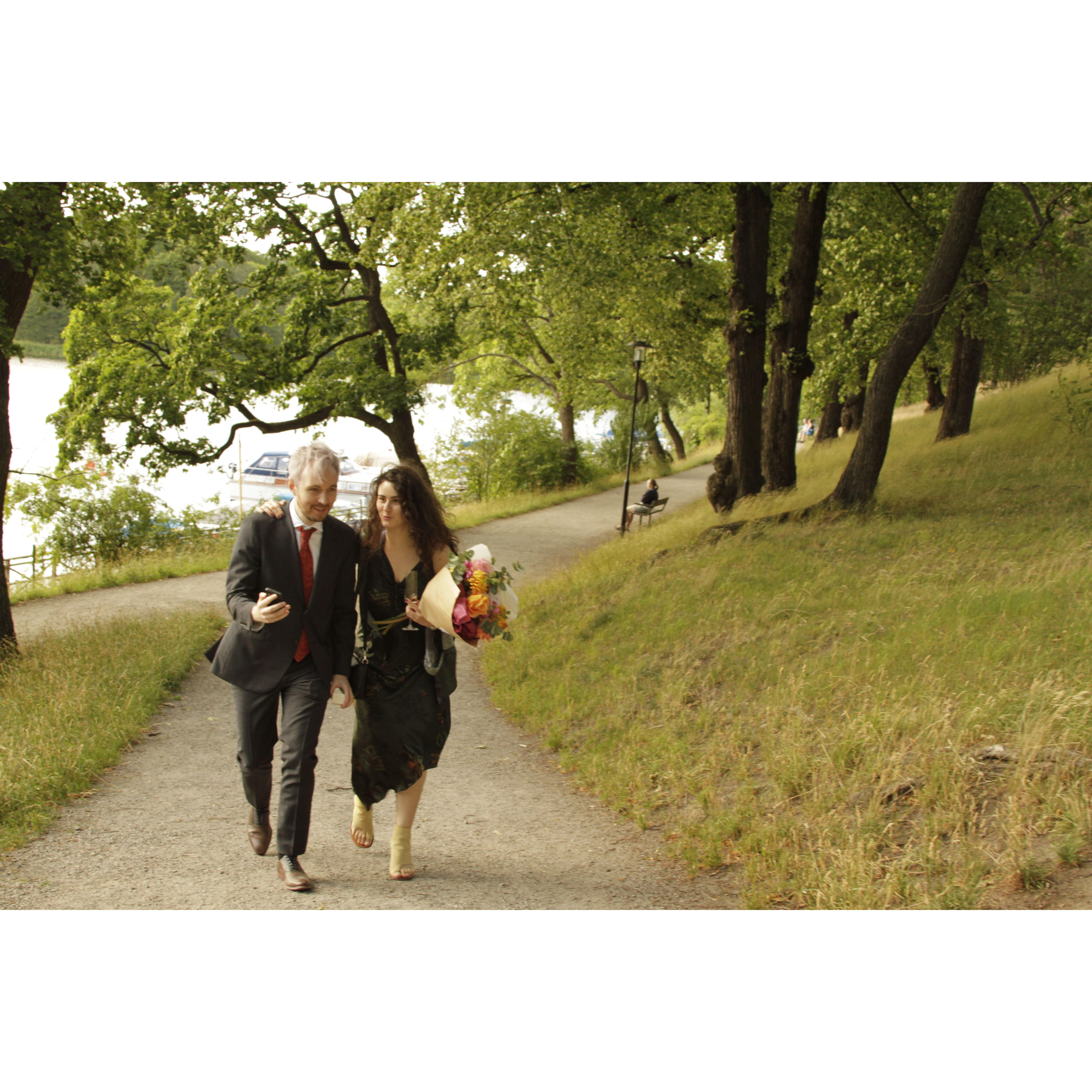 Chatting away the road to our engagement party