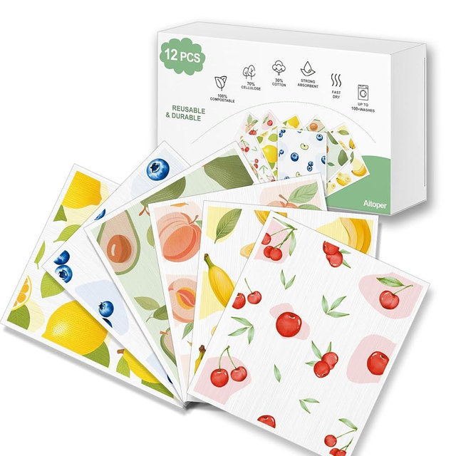 Aitoper Swedish Dishcloths for Kitchen, 12 Pack Reusable Paper Towels, Super Absorbent, No Odor, Fast-Drying, Non-Scratch Cellulose Sponge Cloths for Counters Dishes Home Bar Table Wiping