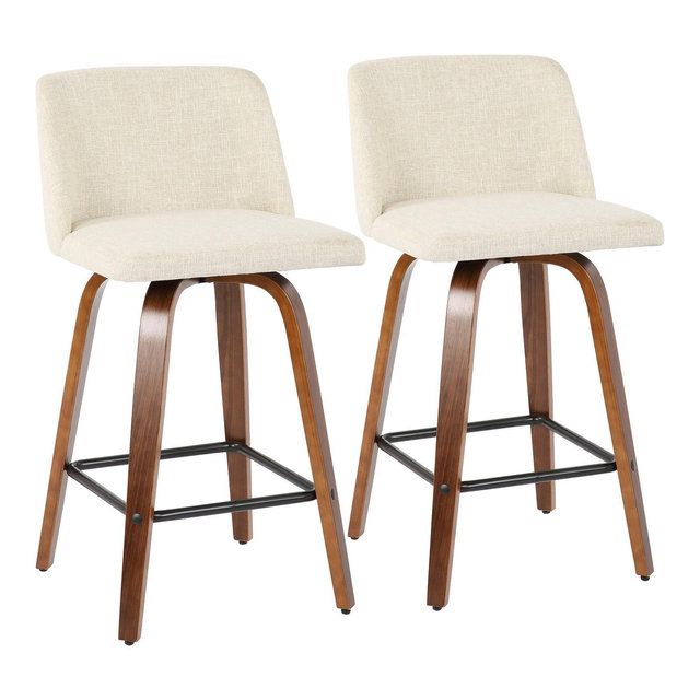 Set of 2 Toriano Mid-Century Modern Counter Height Barstools Cream/Walnut - LumiSource