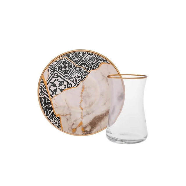 KARACA Aris 12-Piece Turkish Tea Glasses for 6 People, 150ml Glass Tea Cups with Multicolor Patterned Saucers, Gold Trim