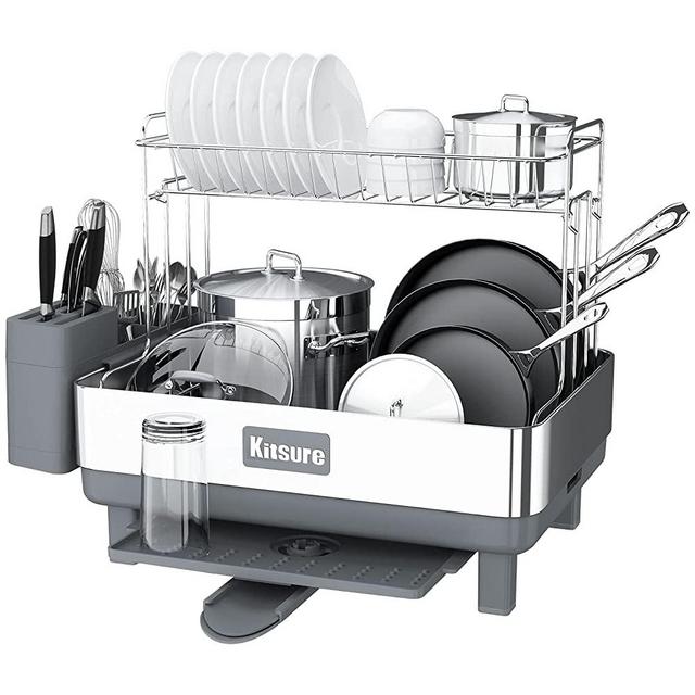 Kitsure Dish Drying Rack, 2-Layer Stainless Steel Dish Rack and Drainboard Set with Drainage, Dish Strainer for Kitchen Counter with Multipurpose Design,Large Dish Drying Rack with Easy Installation