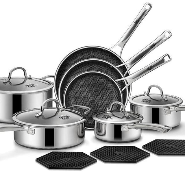 SNOWCLAD Pots and Pans Set Non Stick, 14 Pcs Hybrid Stainless Steel Cookware Sets, Non Stick Frying Pans, Saucepans, Saute Pan & Stock Pot, PFOA Free Kitchen Skillet,Induction Compatible