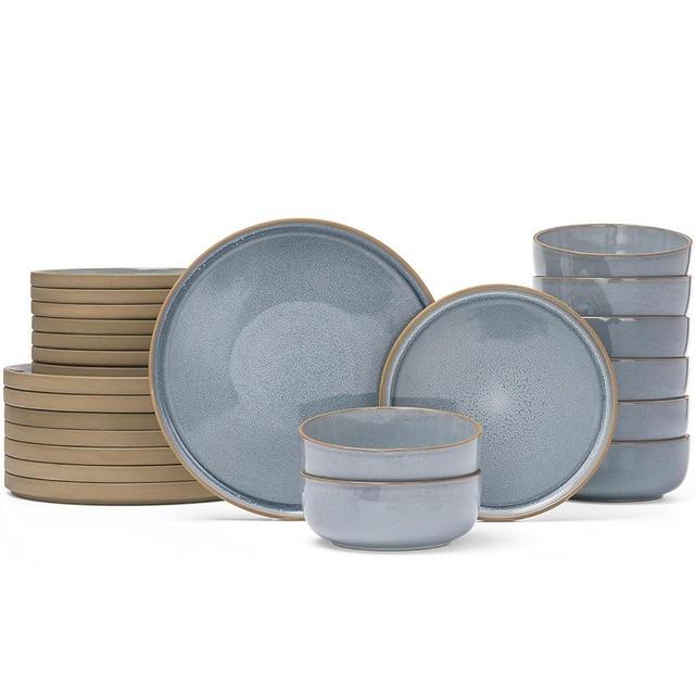 Famiware Nature Plates and Bowls Set, 24 Pieces Dinnerware Sets, Dishware Sets, Dishes Set for 8, Microwave and Dishwasher Safe, Light Blue