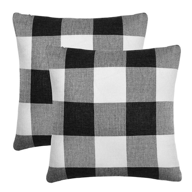 Tosewever Set of 2 Buffalo Check Plaid Pillow Covers, Farmhouse Rustic Pillow Cases, Cotton Linen Throw Pillow Covers Cushion Case for Home Decor Car Bed Sofa Couch (20" x 20", 2 Pack Black & White)