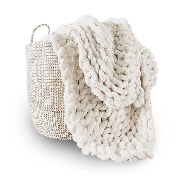 Adyrescia Chunky Knit Blanket Throw | 100% Hand Knit with Jumbo Chenille Yarn (50"x60", Cream White)